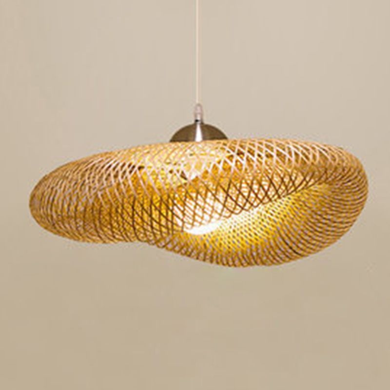 Beige Hat Shaped Pendant Lighting Fixture Asia Style Bamboo Hanging Pendant Light