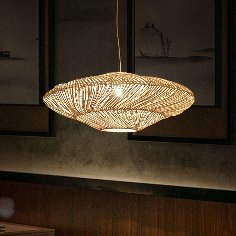 Handcrafted Suspension Lighting Minimalist Rattan 1 Head Restaurant Pendant Ceiling Light in Wood
