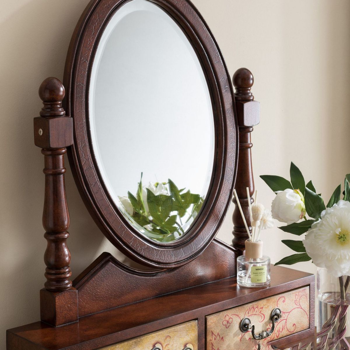 Victorian Wood Vanity and Stool Dressing Table with Storage Drawers