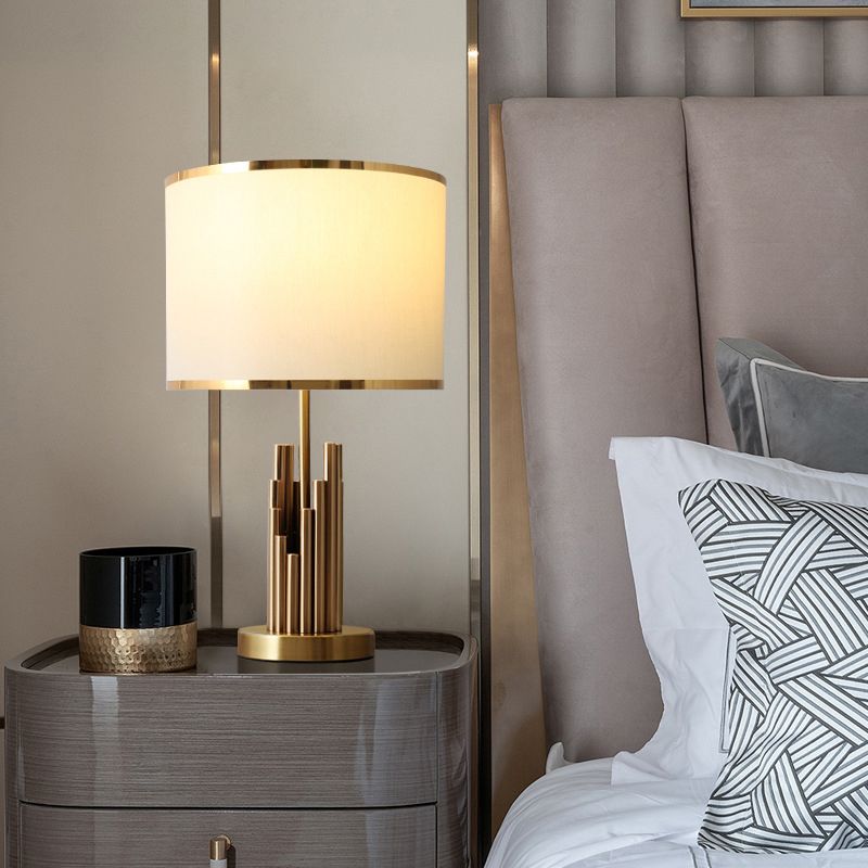 Round Shade Study Room Table Lighting Minimalist Fabric 1-Light Brass Nightstand Lamp