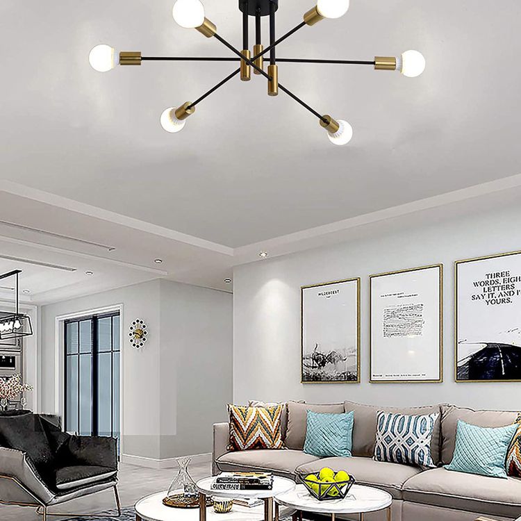 Industrial Vintage Radial Semi-Flush Mount Metal Ceiling Fixture in Black and Gold