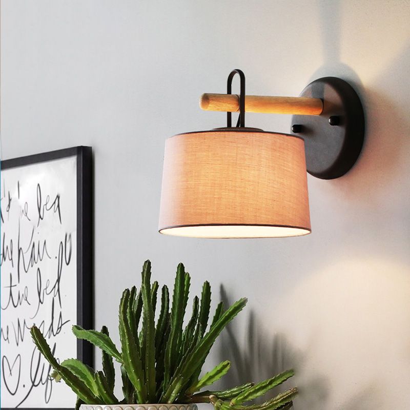 1 Bulb Drum Shade Wall Lighting Fixture Modernist Fabric Bedroom Wall Lamp in Grey