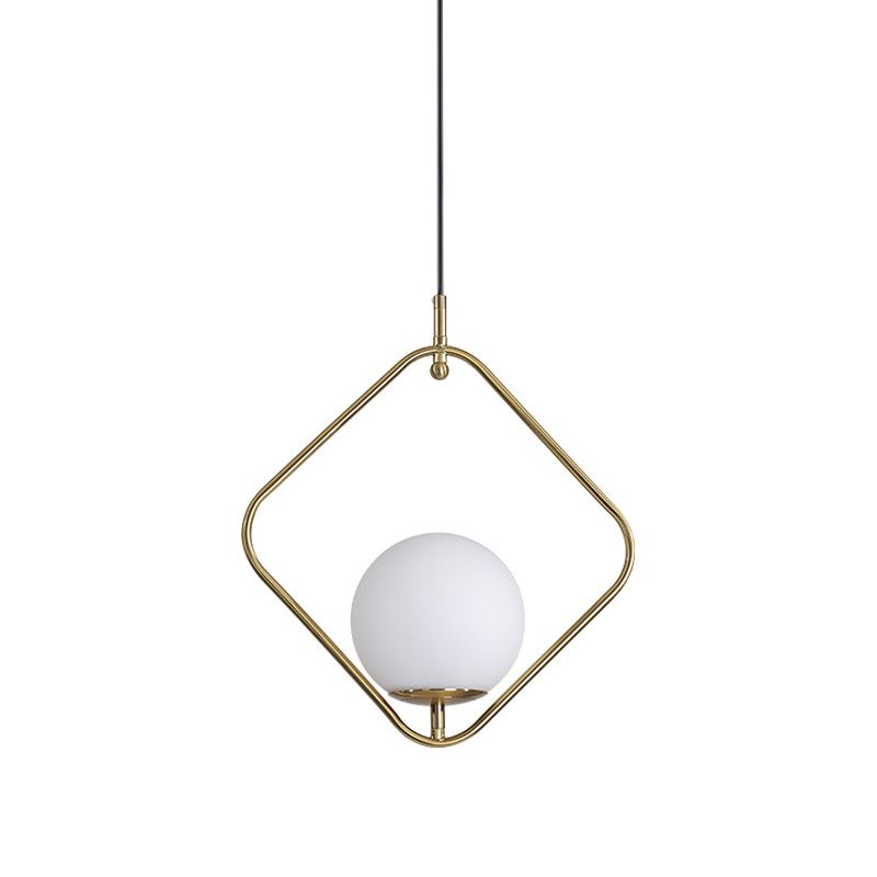 Orb Ceiling Pendant Minimalist Milky Glass 1 Head Gold Pendulum Light with Metal Frame
