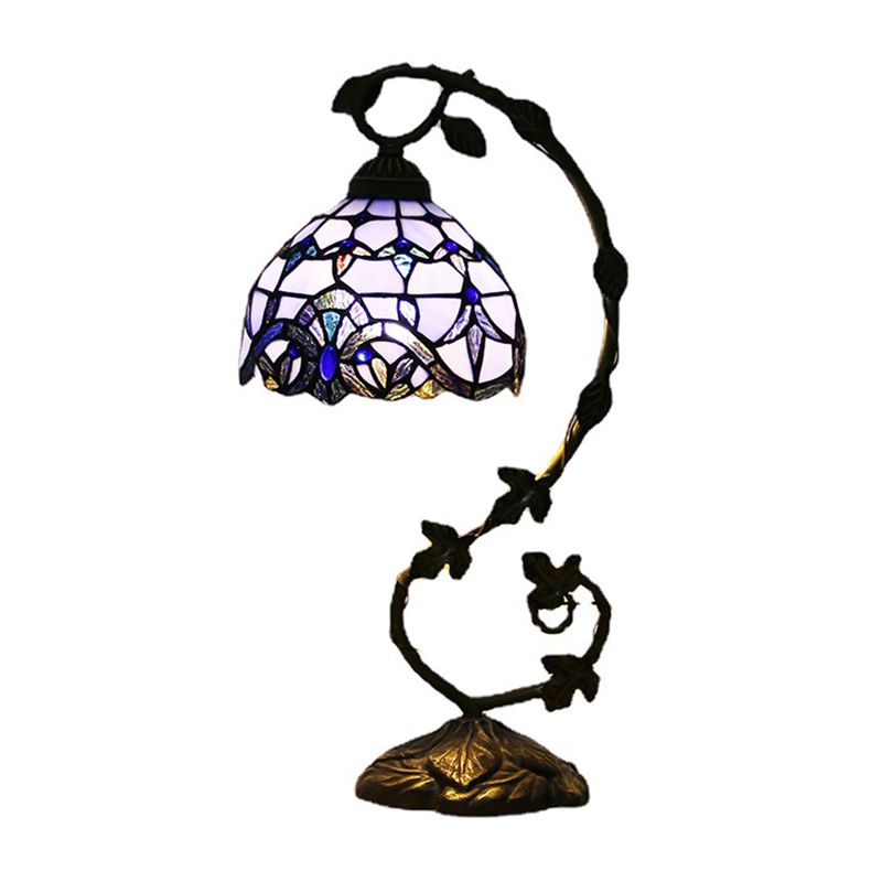 Tiffany Style Gooseneck Table Lamp 1 Bulb Stained Glass Nightstand Light with Dome Shade