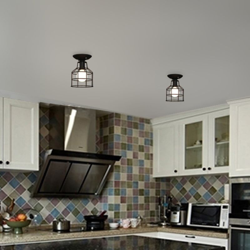 Metal Caged Flush Mount Industrial Style 1 Light Living Room Flush Ceiling Licht in Schwarz