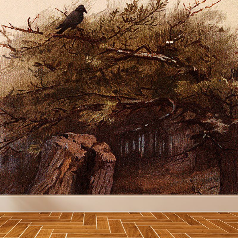 Large Woodland and Bird Mural Wallpaper Modern Luxuriant Forest Wall Decor in Brown