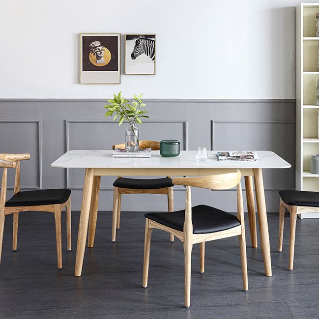 Mesa de comedor contemporánea rectángulo Mesa de piedra sinterizada blanca con base de madera maciza de cenizas