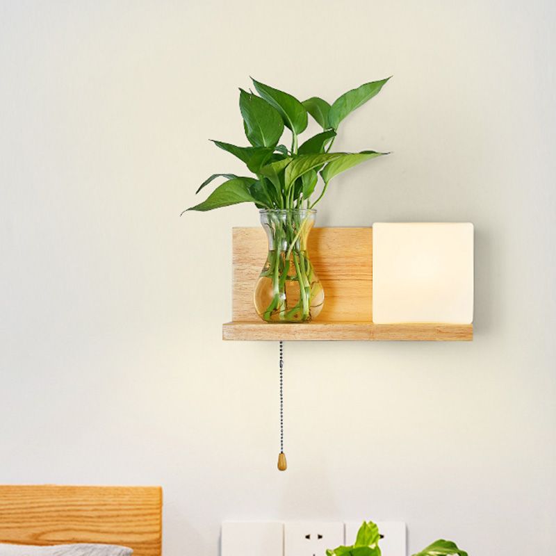 Minimalism Square Wall Light Fixture 1 Head White Glass LED Wall Sconce Lighting in Wood, Left/Right