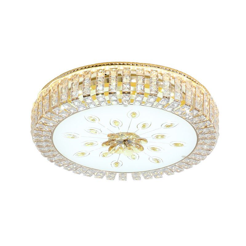 Gold Circular LED Ceiling Light in Modern Luxury Style Crystal Flush Mount with Glass Shade
