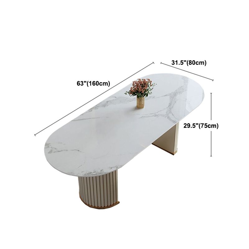 Contemporary White Oval DiningTable Sintered Stone Top Double Pedestal Table