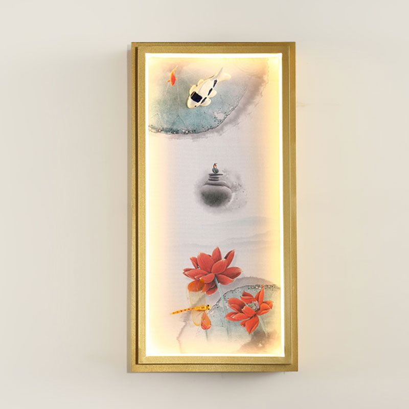 Chinese Ink Village/Lotus Mural Lamp Fabric Family Room LED Wall Mount Light in Gold