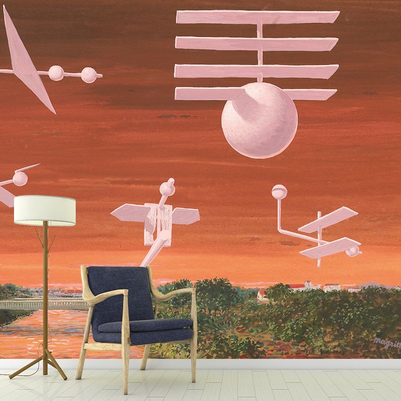 Orange-Green Flying Object Murals Moisture Resistant Surreal Bedroom Wall Decoration