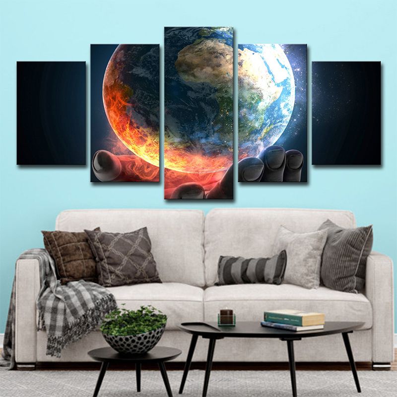 Earth in Hand Wall Art Multi-Piece Science Fiction Sitting Room Canvas Print in Orange