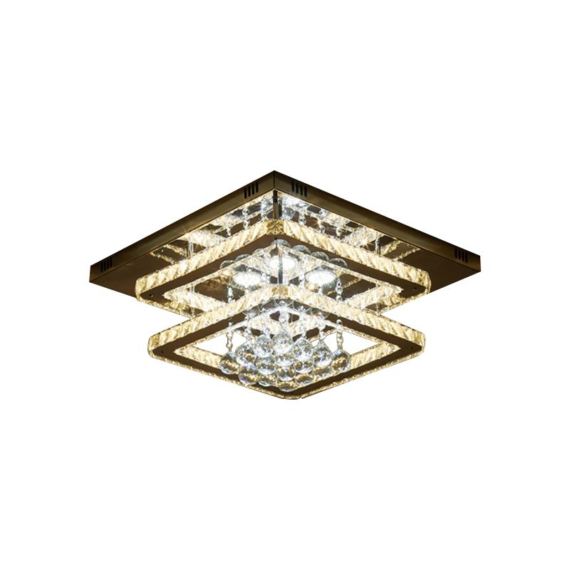 Dual Squares Faceted Crystal Semi Flush Simple LED Chrome Ceiling Lighting with Droplet