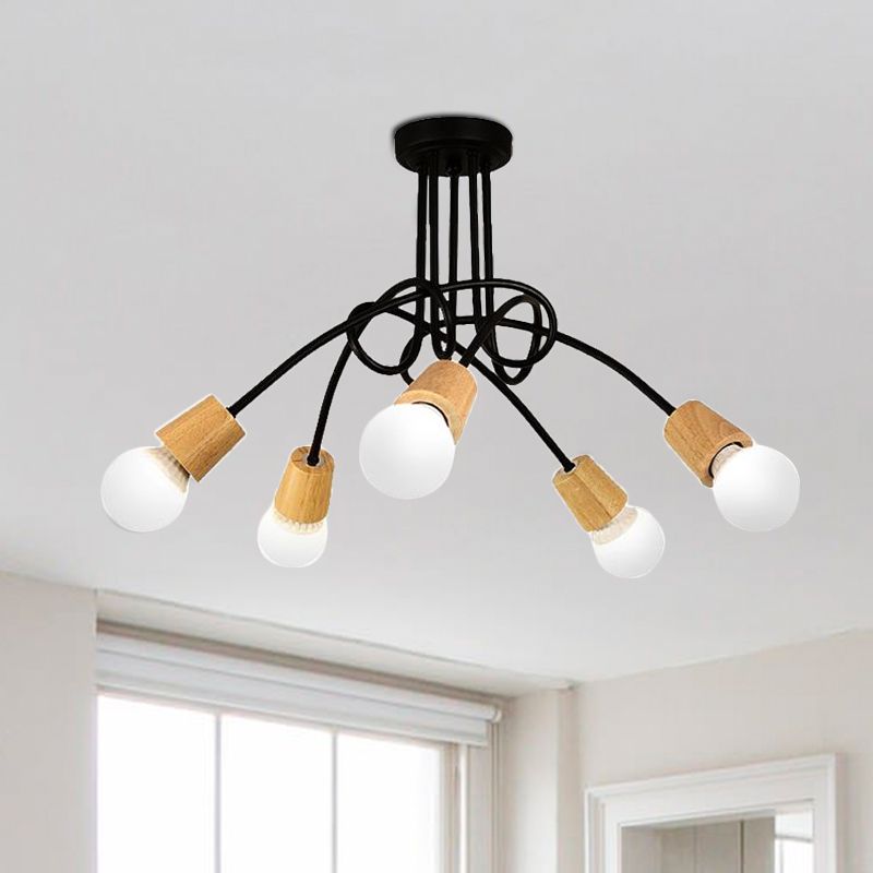 Metal Open Bulb Ceiling Light Fixture with Twisted Arm Loft Style 3/5 Lights Kitchen Semi Flush Pendentif Light in Wood
