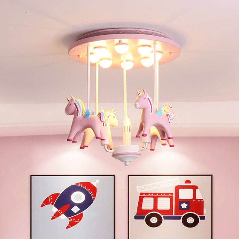 Plafonnier licorne arc-en-ciel en résine, 11 ampoules, luminaire Semi-affleurant pour chambre d'enfant