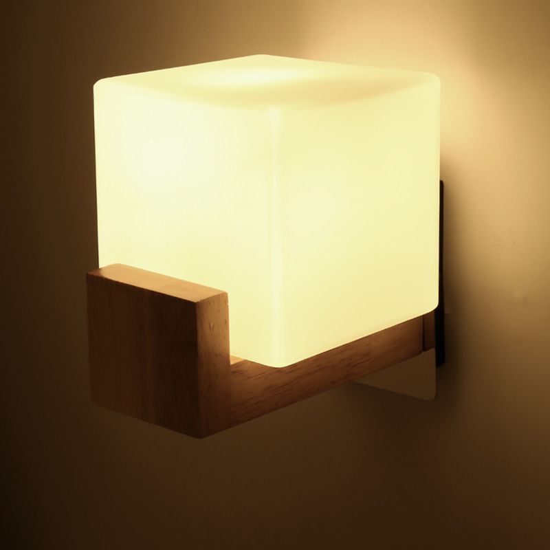 Modern Simplicity Single Light Square Wall Lamp Wood Bedroom Living Room Wall Mount Lighting