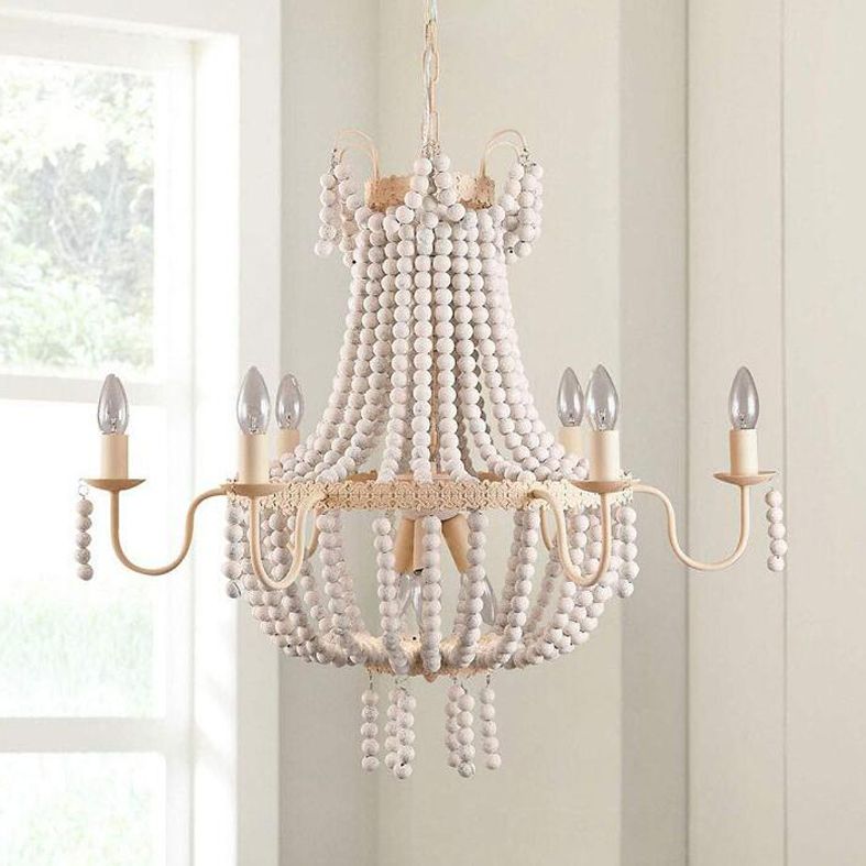 Distressed White Beaded Chandelier Country Style Wooden Living Room Pendant Light