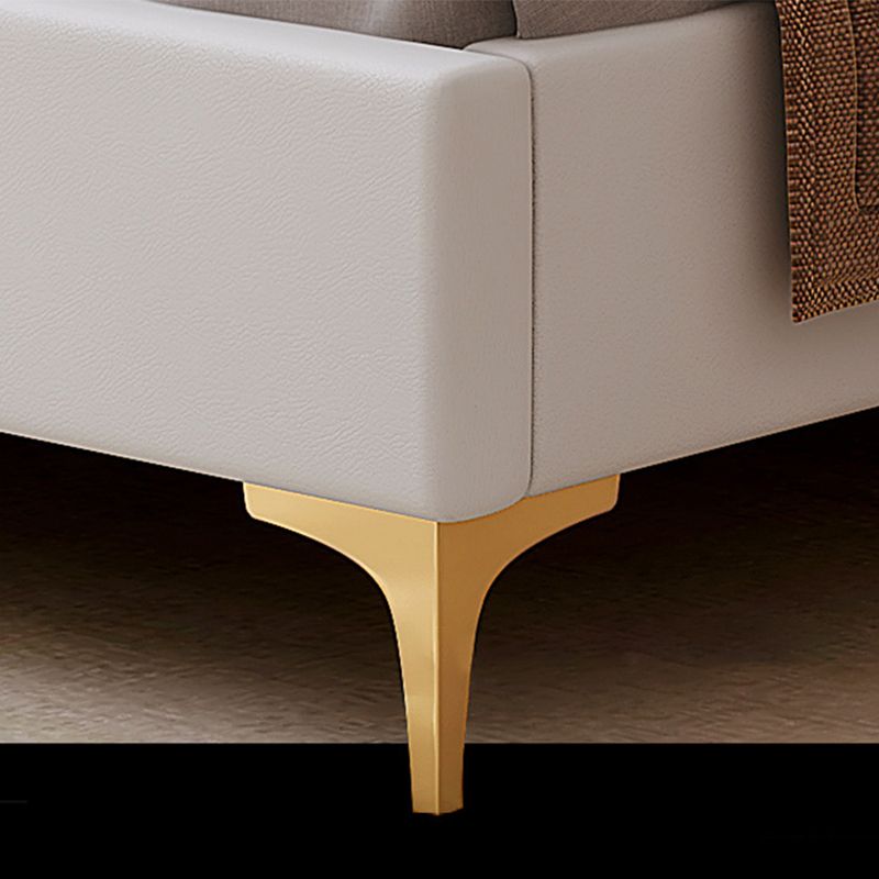Modern Panel Bed White Faux Leather Standard Bed with Custom Gold Leg