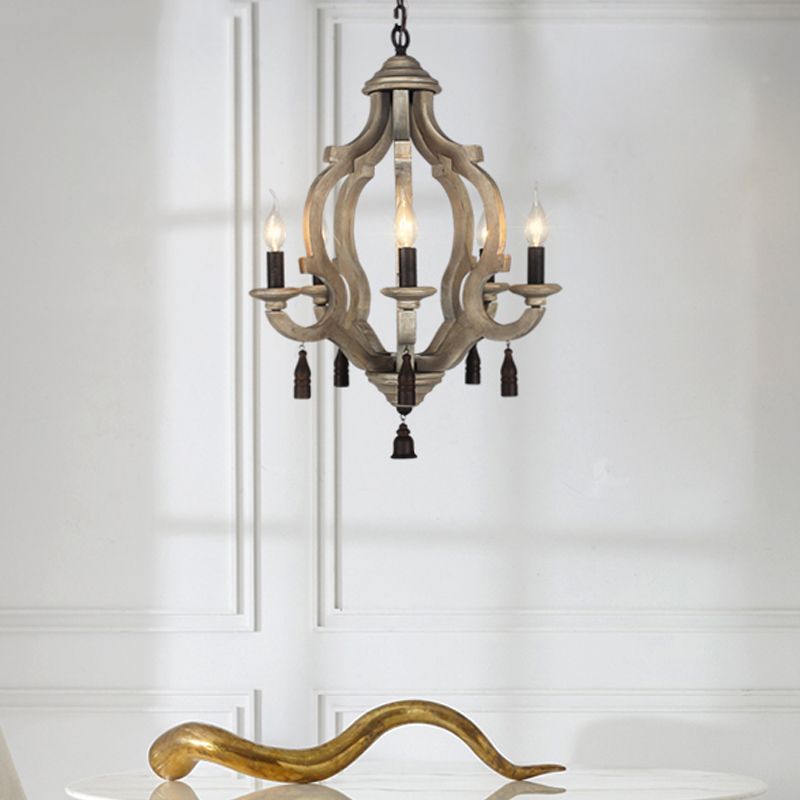 5 Lights Wood Ceiling Light Traditional Dark Wood/Wood/White Lantern Bedroom Chandelier Light