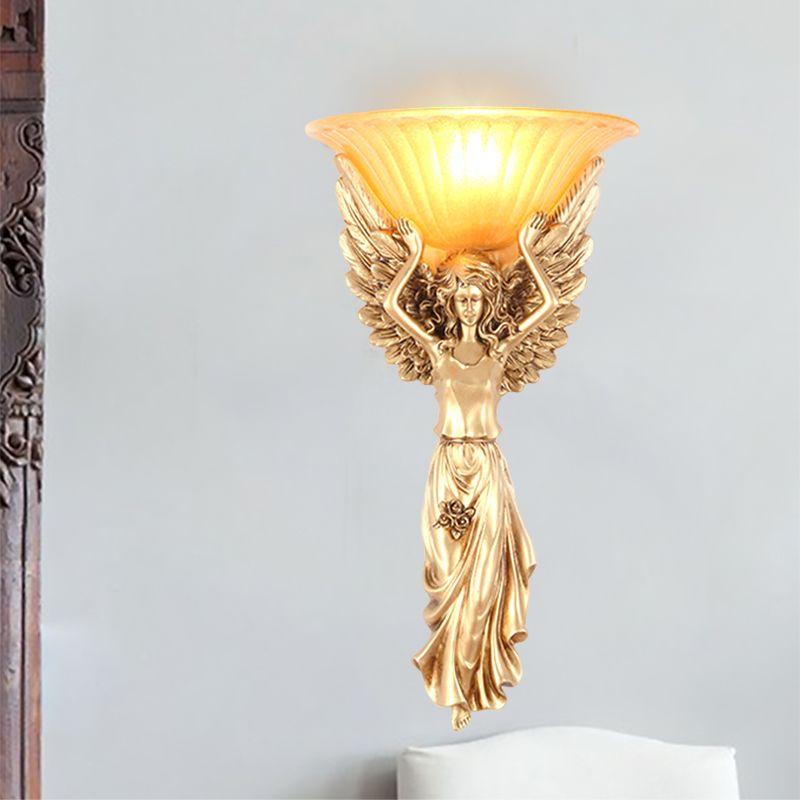 Upward Wall Sconce Frosted Glass Vintage Style Gold Resin Flared Wall Mounted Sconce with Angel Design