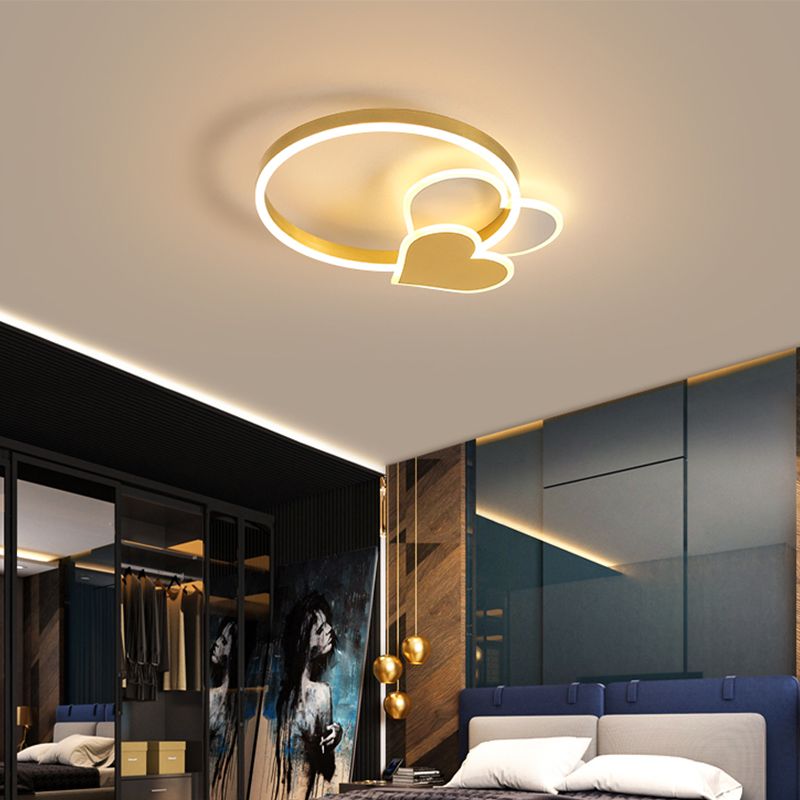 Golden Love LED Ceiling Fixture Minimalist Acrylic Flush Mount Light with Metal Ring for Bedroom