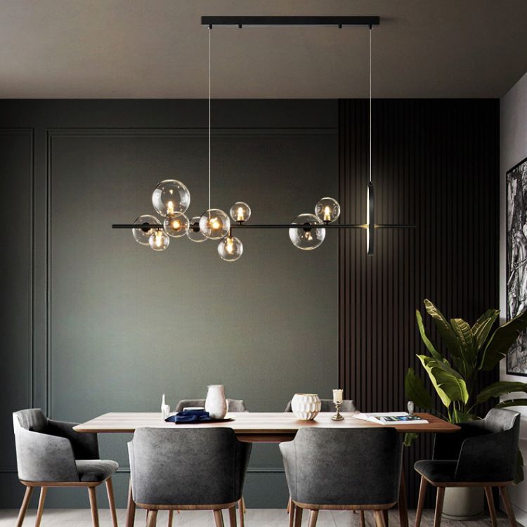 Modern Minimalism Black Linear Island Pendant Lighting Sphere Glass Island Ceiling Light for Living Room