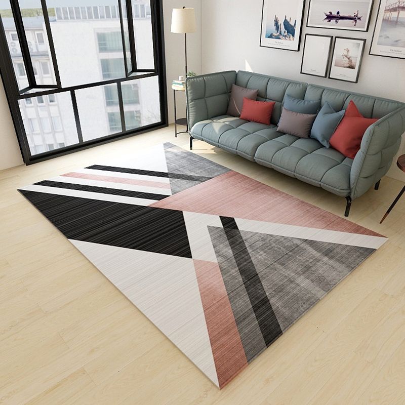 Simplicity Living Room Rug Multi-Color Geometrical Area Carpet Polyester Pet Friendly Anti-Slip Machine Washable Rug