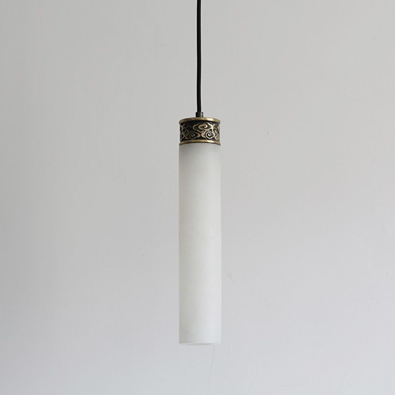 Cylinder Hanging Light Fixture Modern 1-Light White Suspension Lamp with Stone Shade