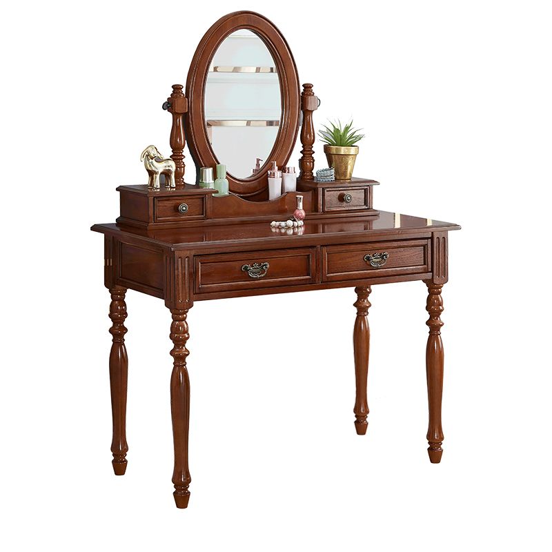 Traditional Solid Wood Vanity Dressing Table With Drawer, Brown Makeup Counter
