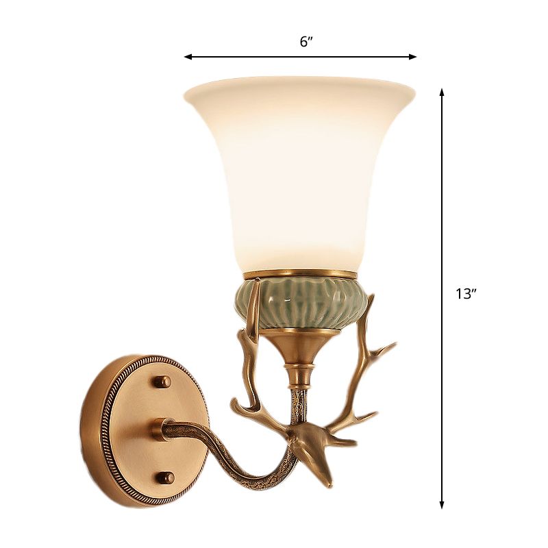 1 Light Wall Mount Lighting Retro Bell Opal Glass Brass Sconce Lamp Fixture with Antlers Curved Arm