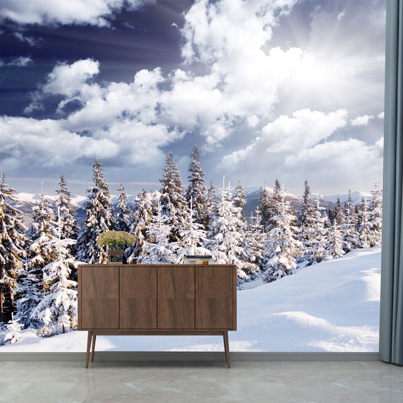 White Nordic Wallpaper Mural Huge Snowy Road with Cypress Wall Decor for Living Room