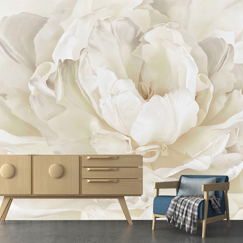 Close-Up Peony Blossom Murals White Minimalist Wall Covering for Living Room Decor
