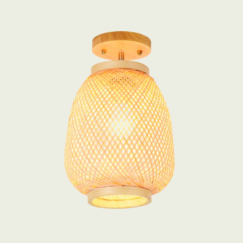 Lantern Bamboo Semi-Flush Mount Asian 1 Head Beige Ceiling Mounted Fixture for Restaurant