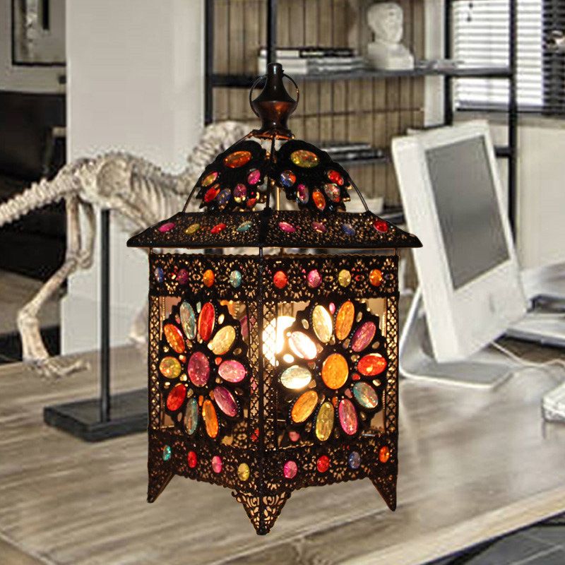 Mesa de arte de arte manchada de 1 luces Lámpara de la sala de estar en forma de casa negra bohemia en forma de casa en forma de casa