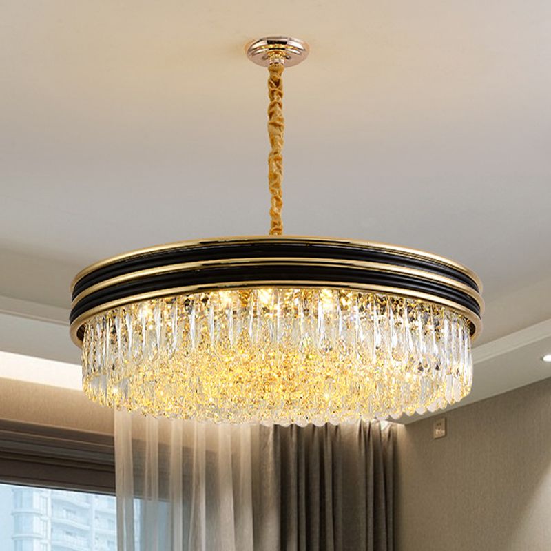 11 Heads Crystal Ceiling Pendant Minimalism Black and Gold Ring Living Room Chandelier