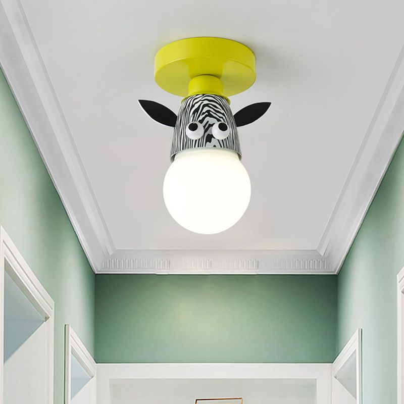 Single Bulb Bedroom Semi-Flush Mount Lighting Kids Yellow Ceiling Lamp with Giraffe / Monkey / Tiger Metal Shade