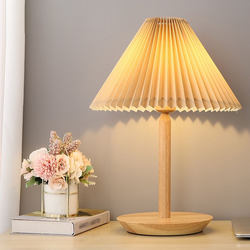 Geometric Table Light Modern Fabric Single Wood Nightstand Lamp in Beige for Bedroom