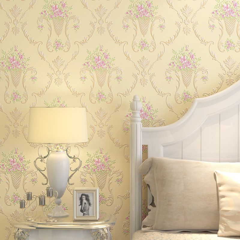 Pink Peony Wallpaper Roll Moisture Resistant Country Living Room Wall Art on Beige