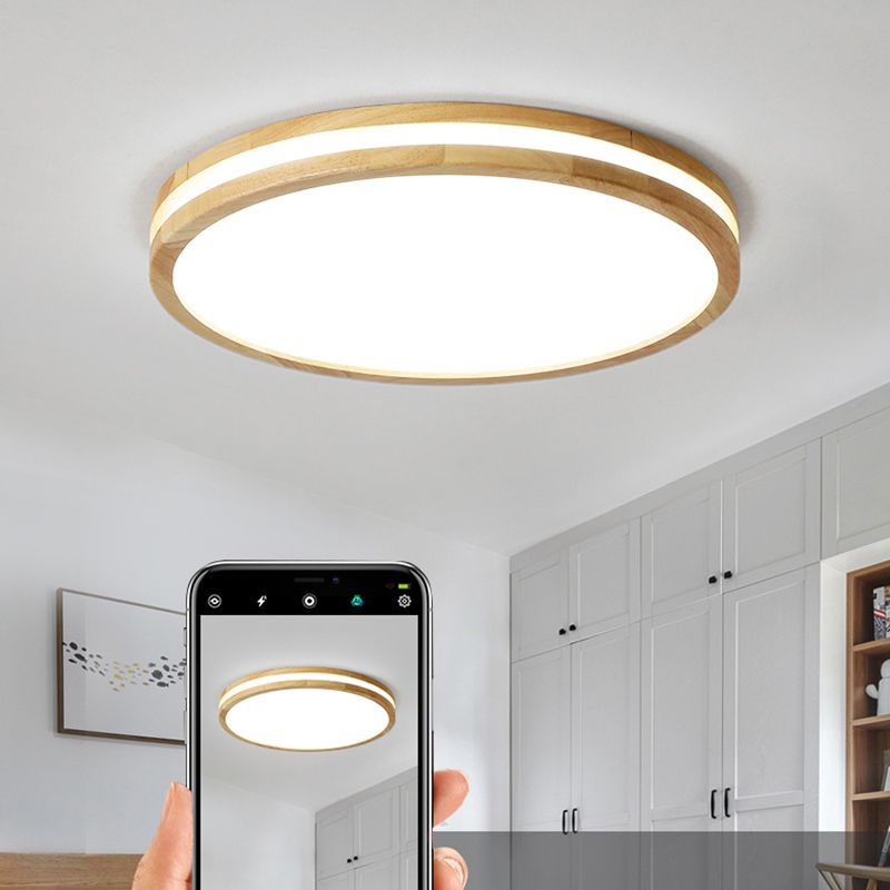 Modern Round Shape Ceiling Light Wood 1 Light LED Flush Mount Light for Living Room