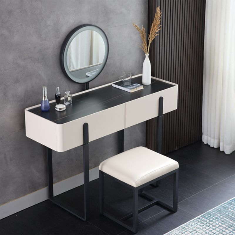 Contemporary Stone Top Vanity Desk 2-Drawer Dressing Table with Stool