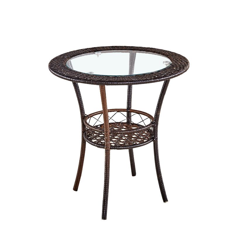 Tropical Glass Top 4 Legs Cocktail Table with Shelf Round Coffee Table