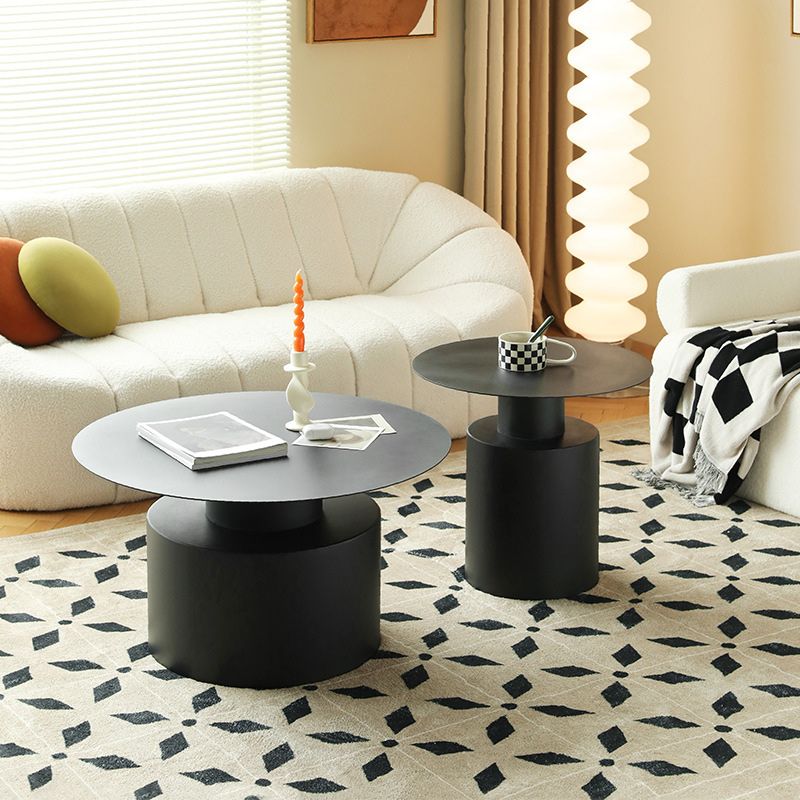 Round Iron Coffee Table Mid-Century Pedestal 2 Pieces Cocktail Table Set