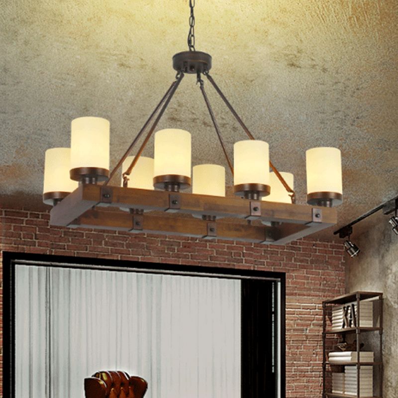 Lampada isola del cilindro in vetro bianco Vintage 6/8 Luci soggiorno Luce a soffitto con base in legno