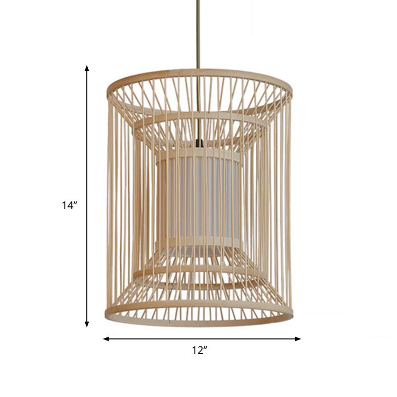 14"/16" Wide Cylinder Pendant Lamp Asian Style Bamboo 1-Light Beige Hanging Light Fixture for Dining Room