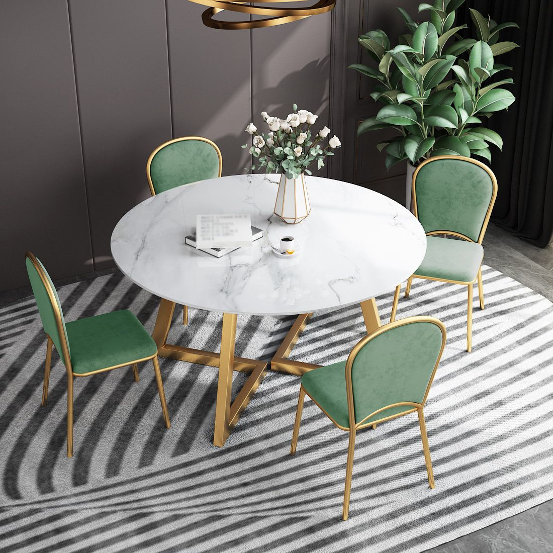 White Stone Top Dining Table Glam Style Gold Base Dining Table for Living Room