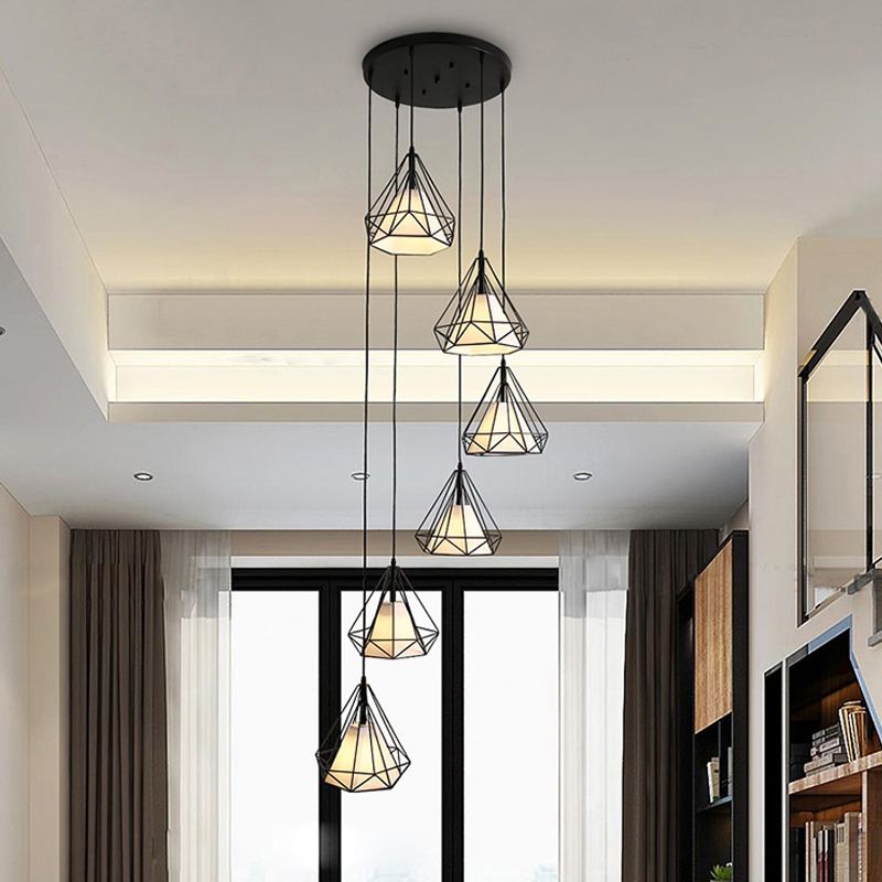 Simple Diamond Cage Multi Pendant Metal 6 Lights Corridor Hanging Light Kit with Inner Fabric Shade in Black