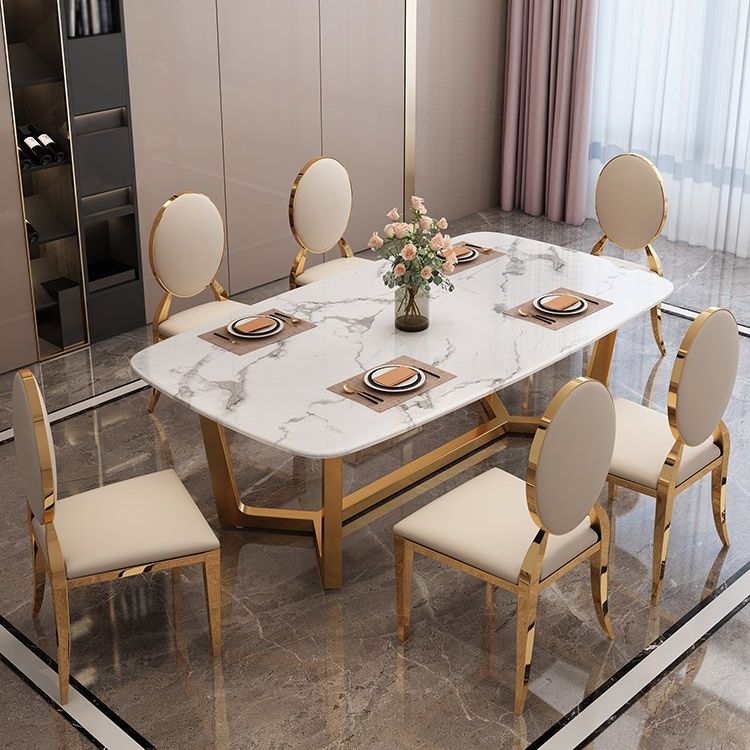 Rectangle Trestle Base Dining Table Glam Style Stone Kitchen Desk