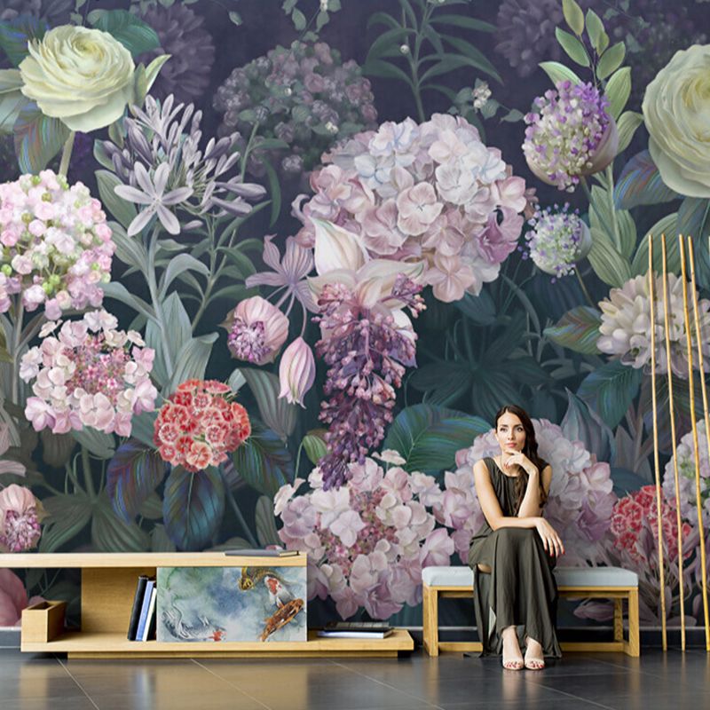 Extra Large Illustration Tropical Mural Wallpaper for Home Decor with Blossoming Flower Pattern in Soft Green