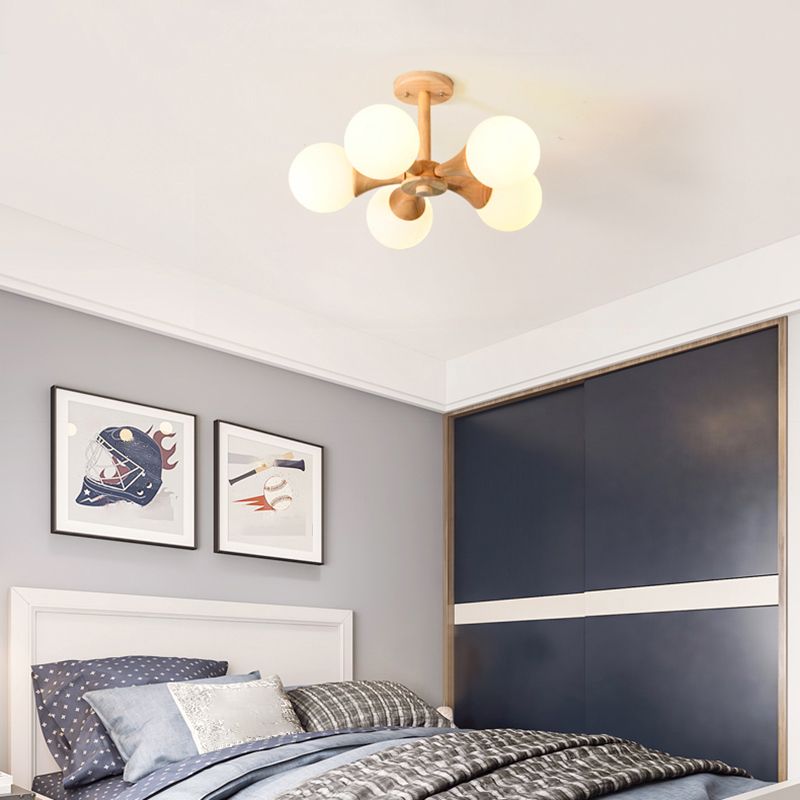 Sfera in stile nordico semi -filo in vetro bianco camera da letto in vetro a filo a sfiorare il lampadario con baldacchino in legno